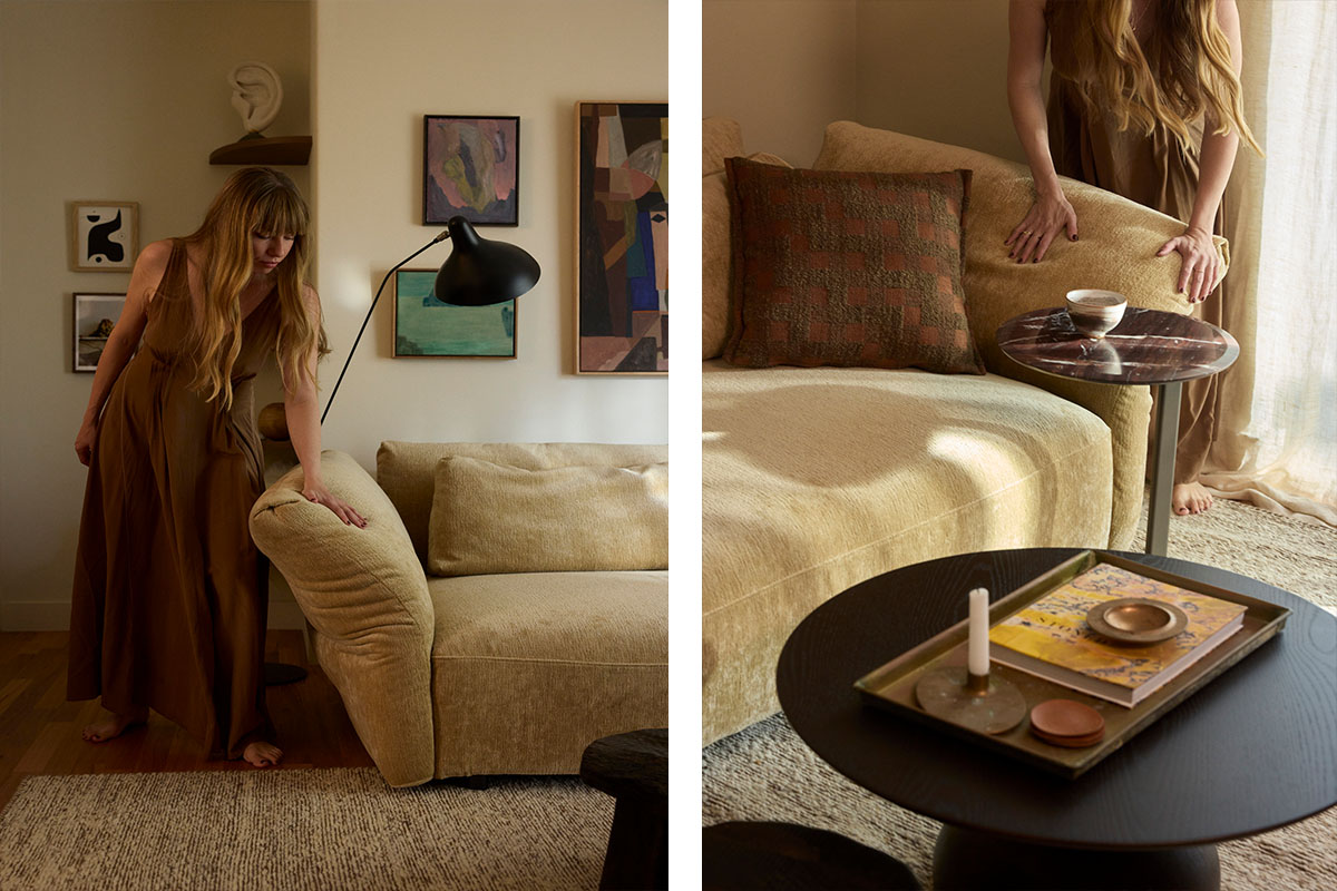Styling a modular sofa in a small living room, paired with a marble round side table for contrast.