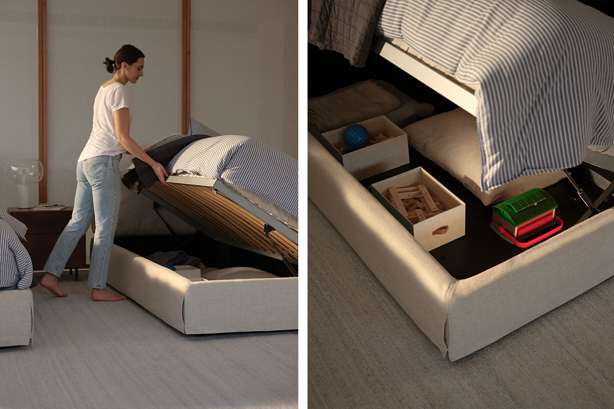 Mother opens the Delta Coast Bed to reveal storage. Remove and reverse the bedhead to switch the opening from left to right.