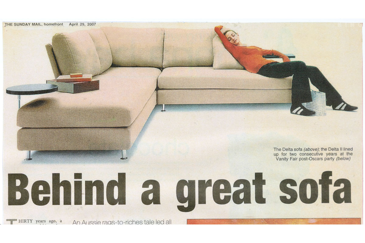 Newspaper article from 2007 titled ‘Behind a great sofa’, featuring Delta.