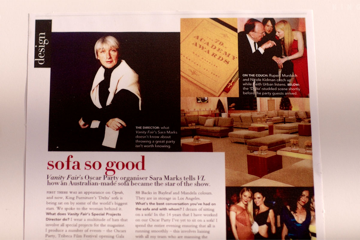 A collage of reminiscent newspaper articles on Delta Sofa. Zoomed in on feature at Vanity Fair’s Oscar Party.