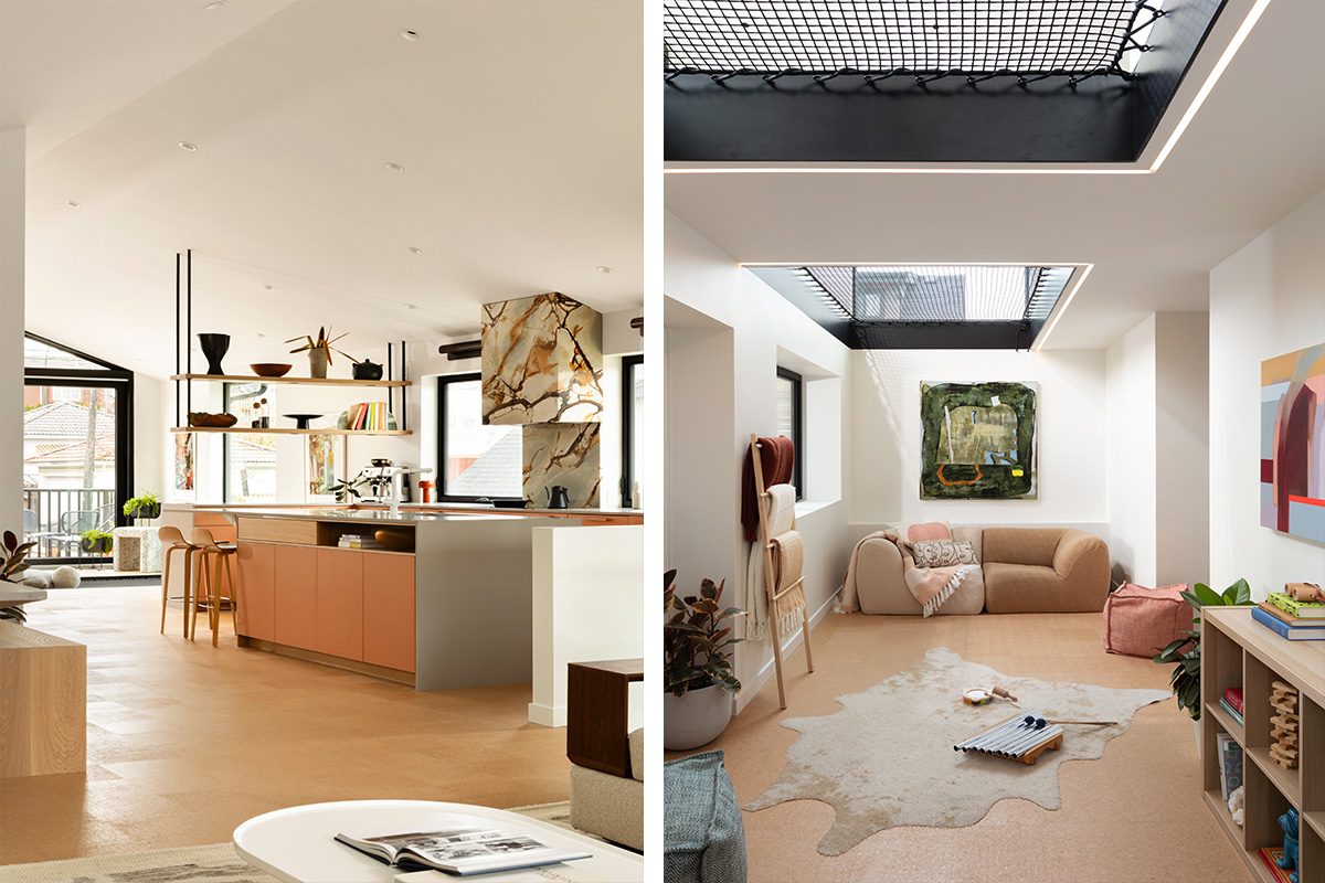 Interior shots of the kitchen and children’s play room, styled with light neutral colours and quirky décor.