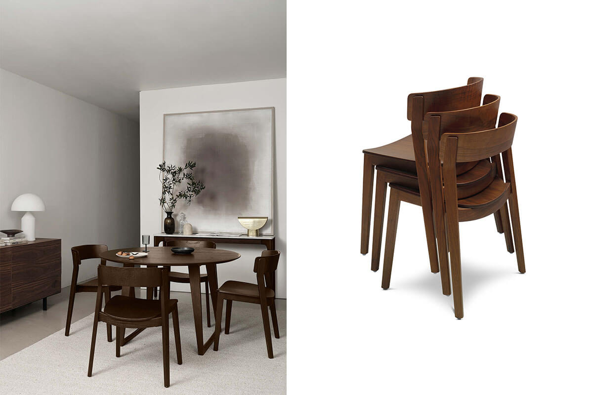 Stackable dining chairs pictured in an American Walnut timber finish, styled in a contemporary small dining room.