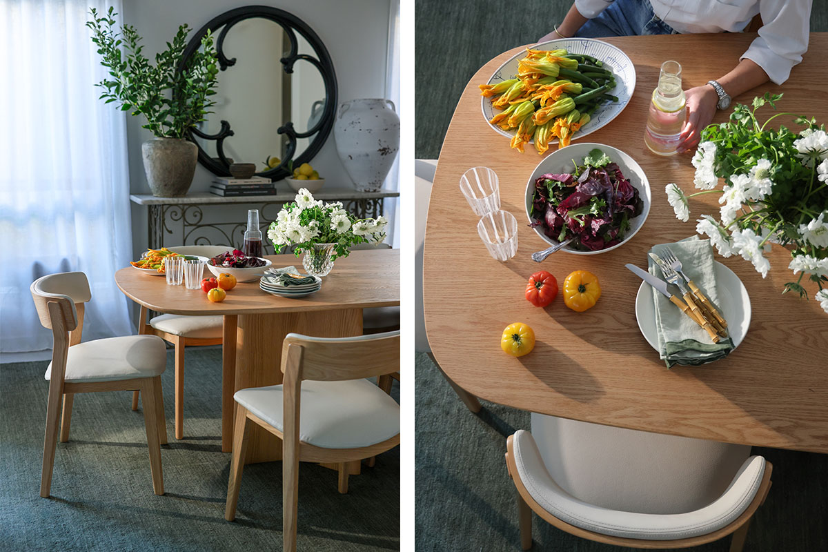 Spring décor dining setting in light oak timber with a green wool rug, white florals and linen napkins.