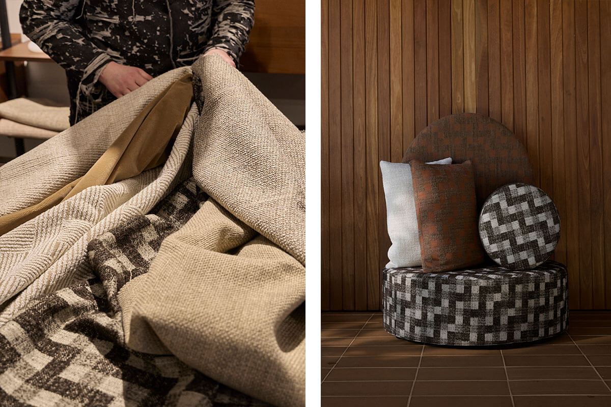 Above: neutral modular sofa with textured cushions; below: woven throws and patterned ottoman fabrics.